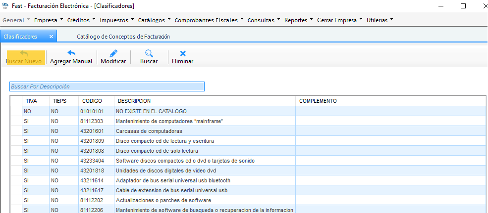 Catálogo de clasificadores con las columnas TIVA, TIEPS, Código, Descripción y Complemento, y el botón Buscar Nuevo resaltado