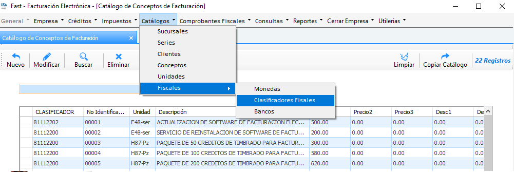 Menú Catálogos con el submenú Fiscales abierto y la opción Clasificadores Fiscales resaltada