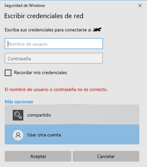 Cuadro Escribir credenciales de red de Windows pidiendo usuario y contraseña del servidor