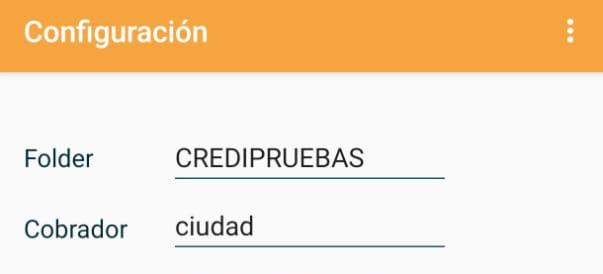 Configuración de Cobranza CrediAdmin con los campos Folder y Cobrador llenos con datos de prueba