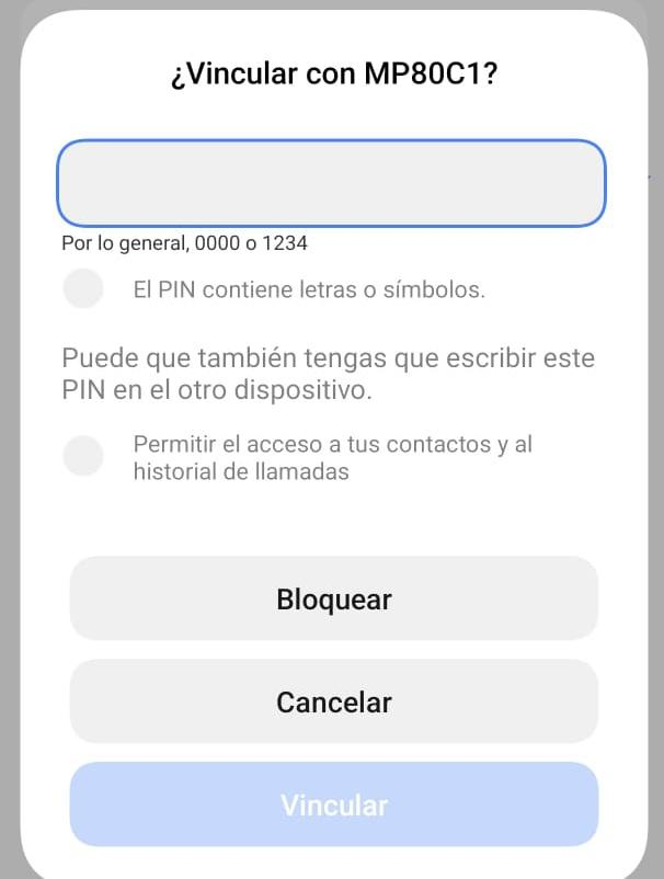 Ventana de Android para vincular la impresora MP80C1 con un PIN