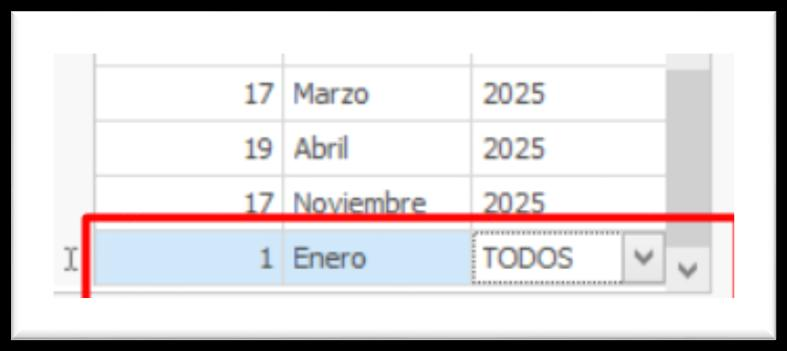 Campo Año de una fecha inhábil con la opción TODOS seleccionada