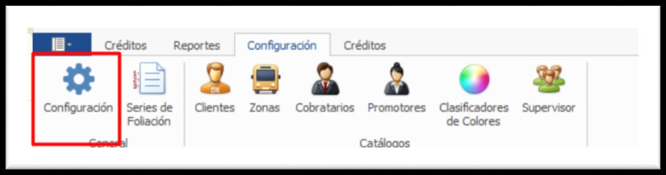 Menú de CrediAdmin con el botón Configuración señalado