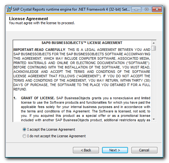 Acuerdo de licencia de SAP Crystal Reports, con la opción I accept the Licence Agreement