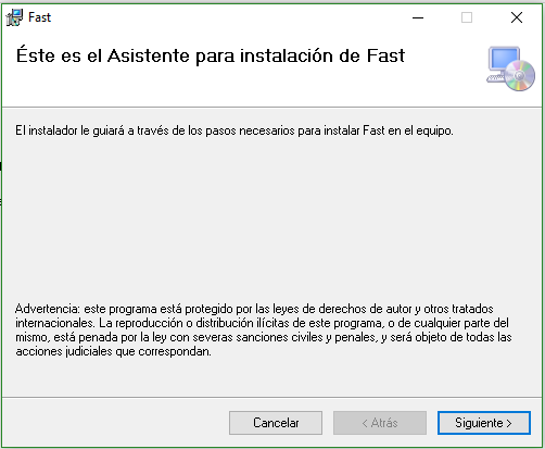 Asistente para instalación de Fast, pantalla de bienvenida