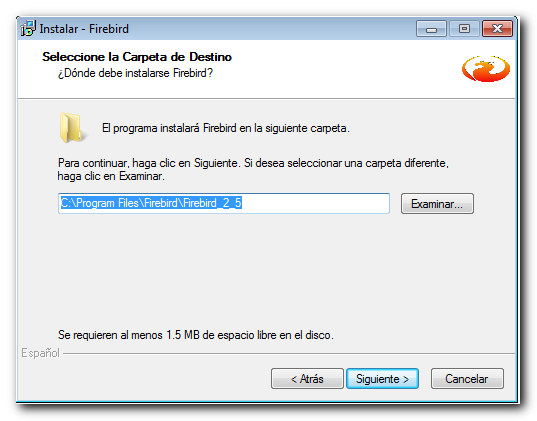 Selección de componentes de Firebird, con los valores sugeridos
