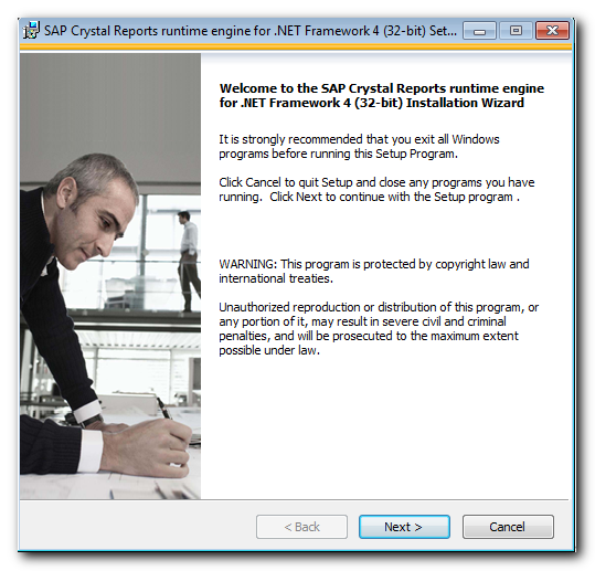 Pantalla de bienvenida de SAP Crystal Reports Runtime Engine