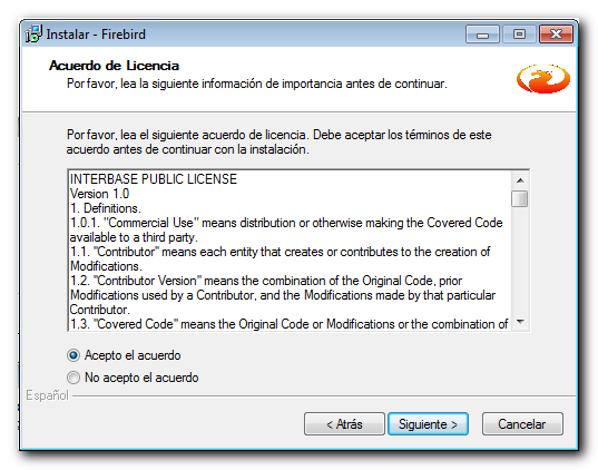 Información de la versión de Firebird antes de continuar