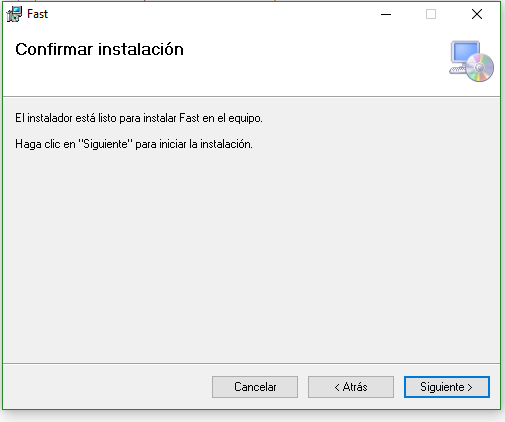 Confirmación antes de iniciar la instalación de Fast